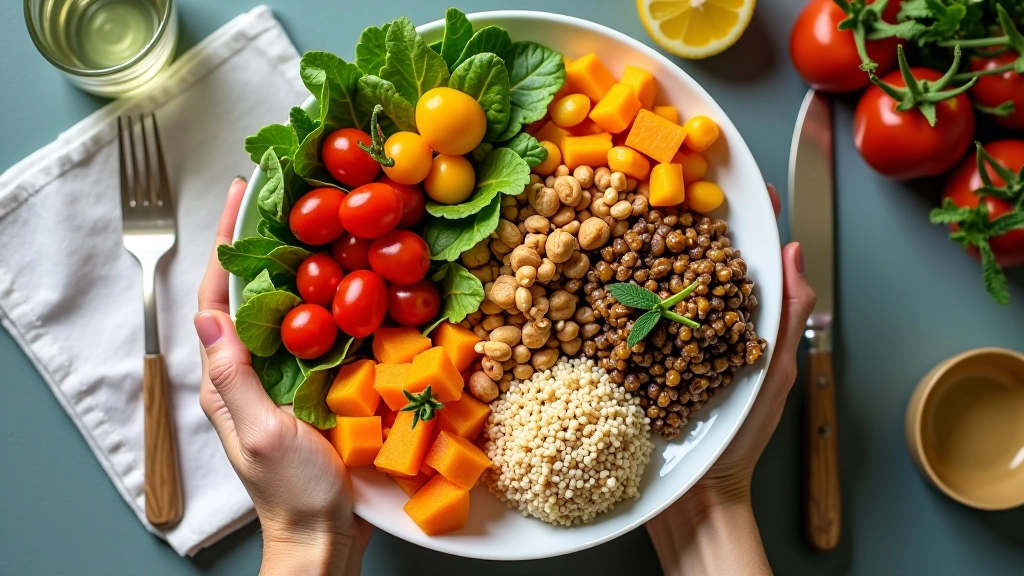 Refeição saudável e equilibrada com diferentes alimentos em prato