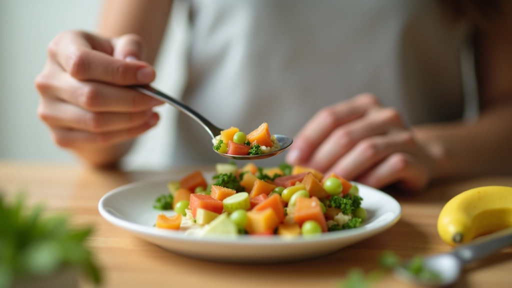 Mão a medir porção de alimentos com colher