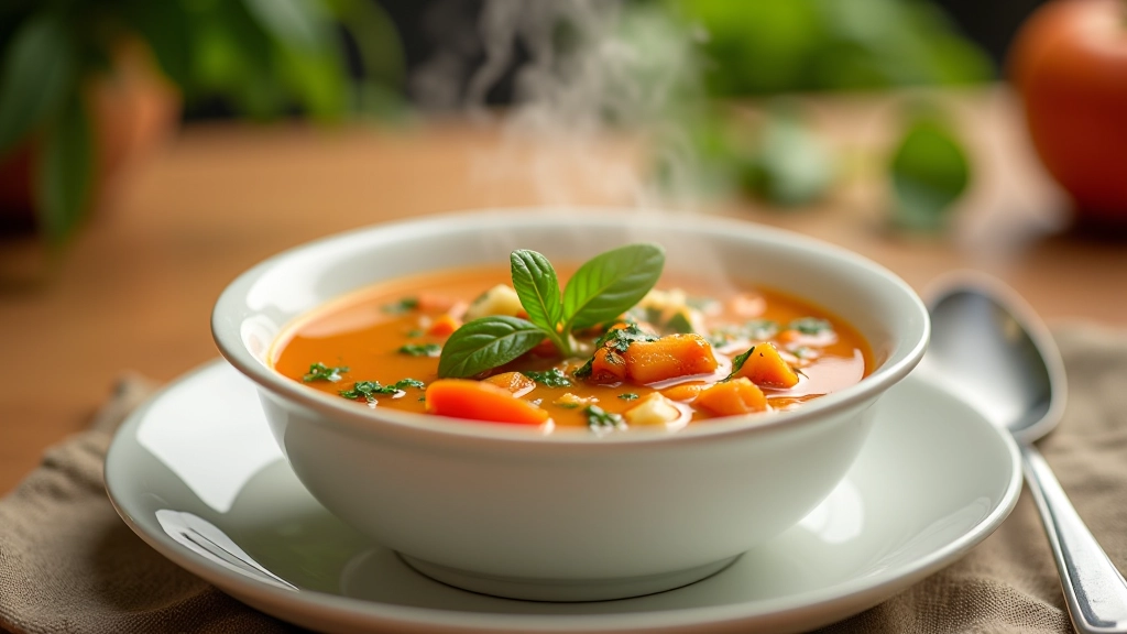 Sopa caseira numa tigela branca, com vegetais visíveis, vapor, cozinha aconchegante