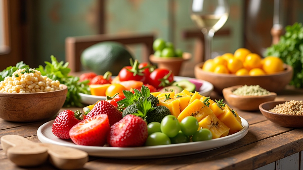 Mesa com alimentos variados, frutas frescas, legumes coloridos, proteínas e grãos integrais organizados para ilustrar uma refeição equilibrada