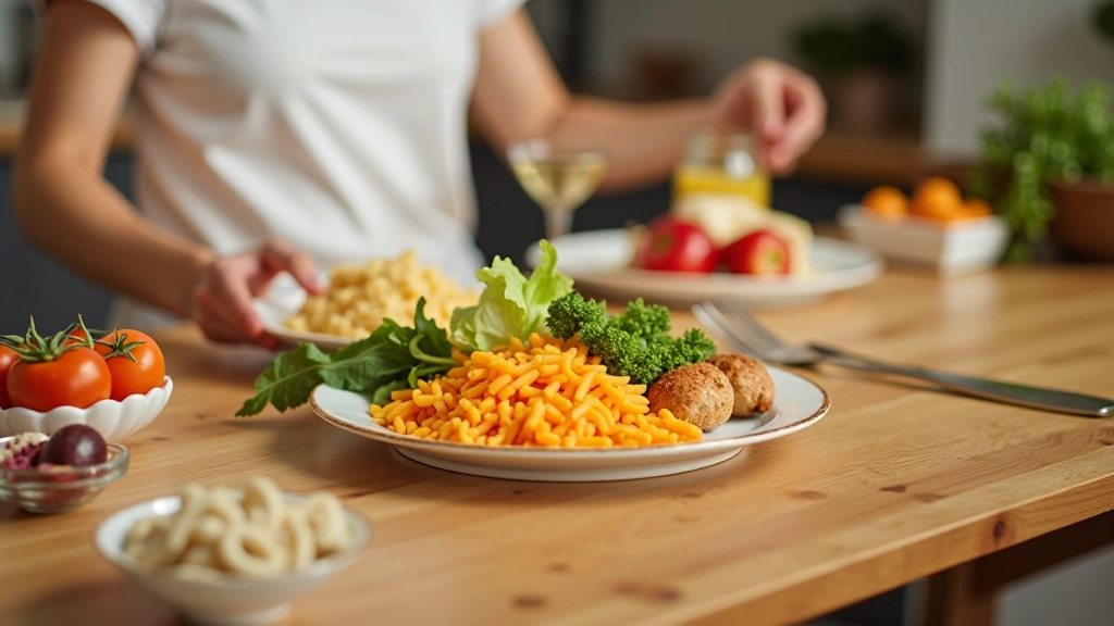 Mesa de cozinha organizada com alimentos saudáveis e prato vazio
