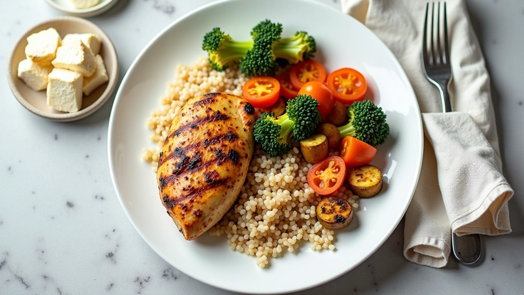 Refeição equilibrada servida em prato pequeno com vegetais, proteína e carbohidratos em proporções apropriadas
