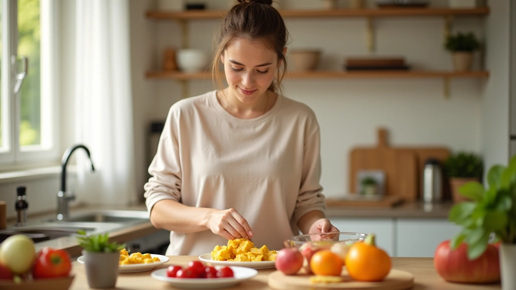 Pessoa a escolher alimentos saudáveis com intenção, ambiente de cozinha bem organizado e luminoso