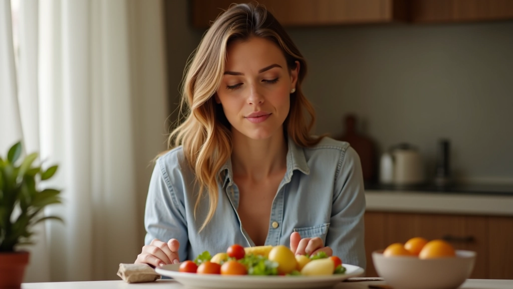 Pessoa sentada à mesa com refeição, sem telemóvel ou distrações, comendo com atenção