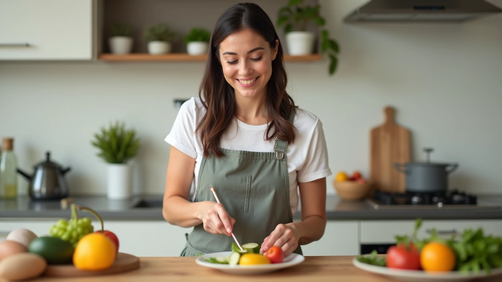 Mulher preparando refeição saudável na cozinha