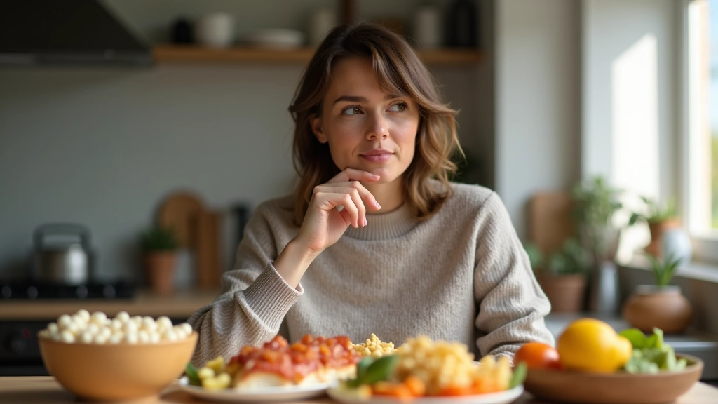 Mulher com expressão pensativa, olhando para alimentos diversos, mesa com várias opções, iluminação clara